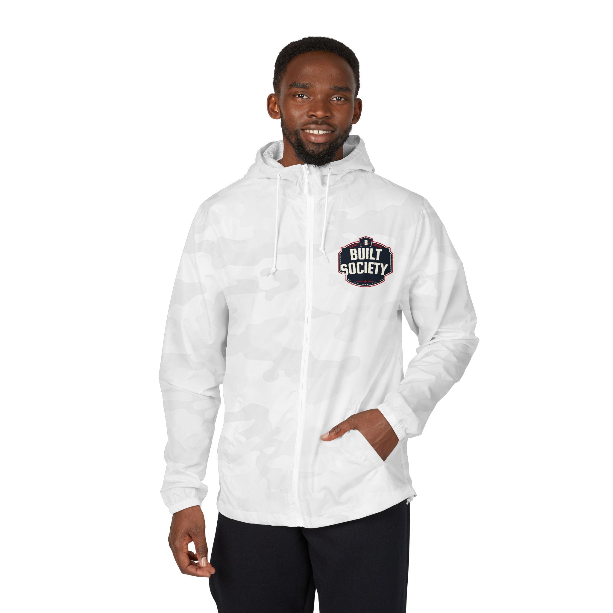 Windbreaker Jacket — 'Built Society' Camo Full-Zip Hooded Windbreaker