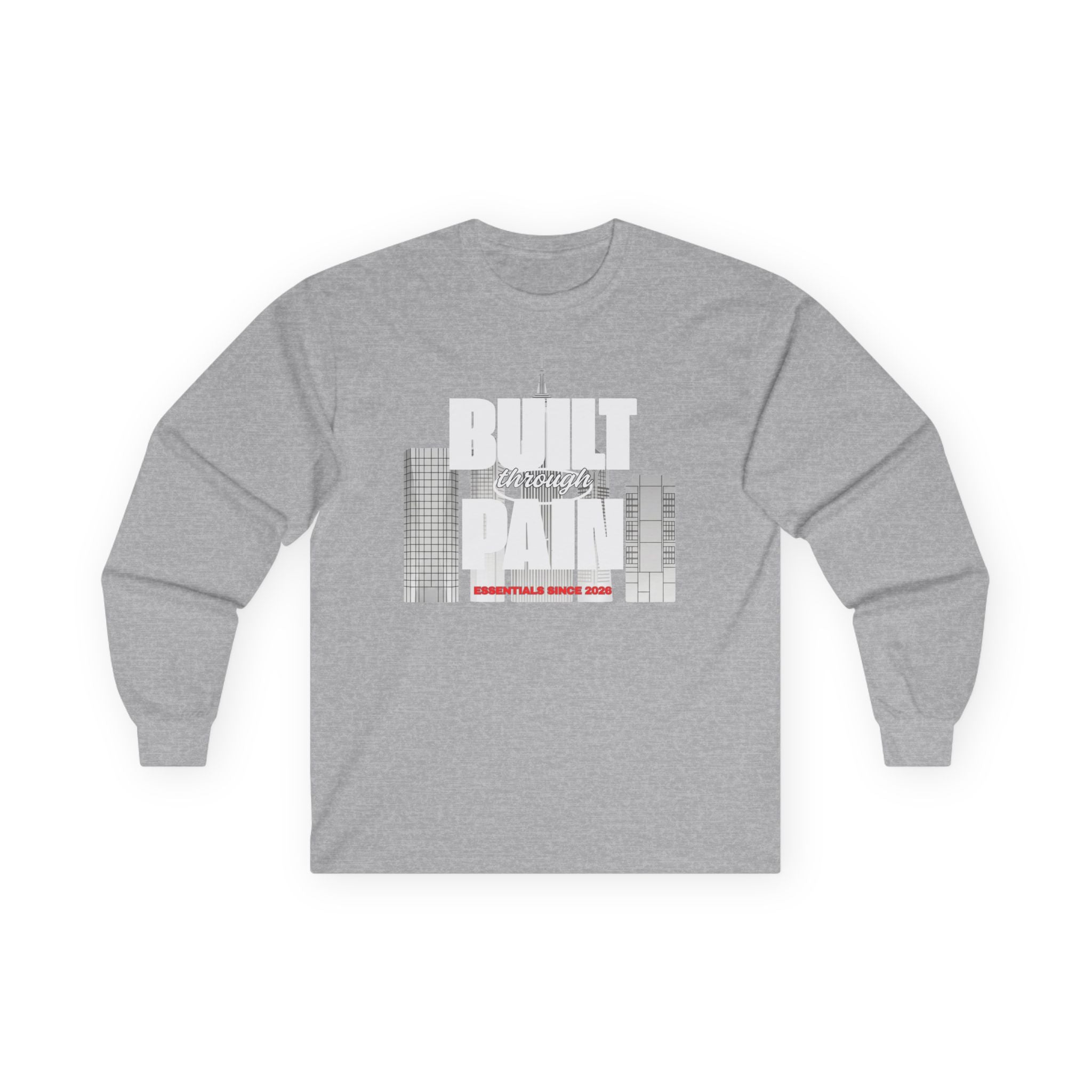 Long Sleeve Tee — Built Through Pain City Skyline Graphic