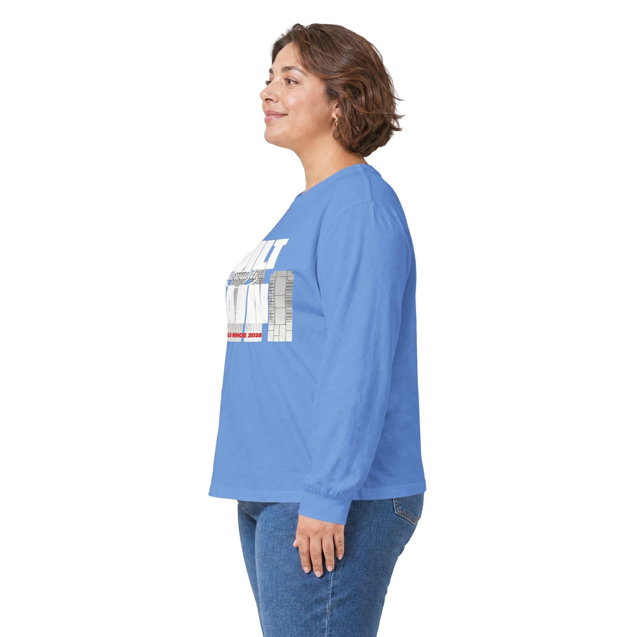 Long Sleeve Tee — Built Through Pain City Skyline Graphic