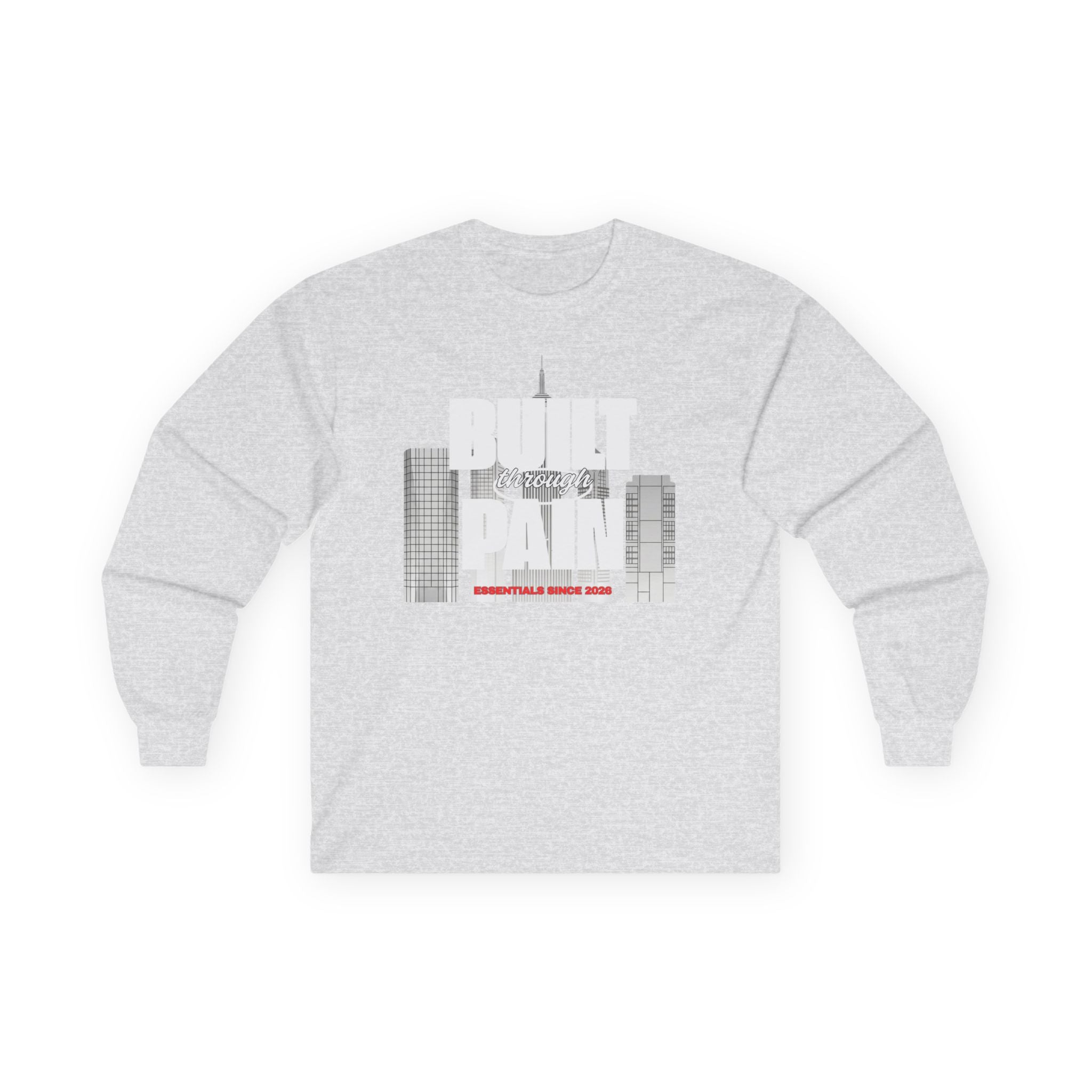 Long Sleeve Tee — Built Through Pain City Skyline Graphic
