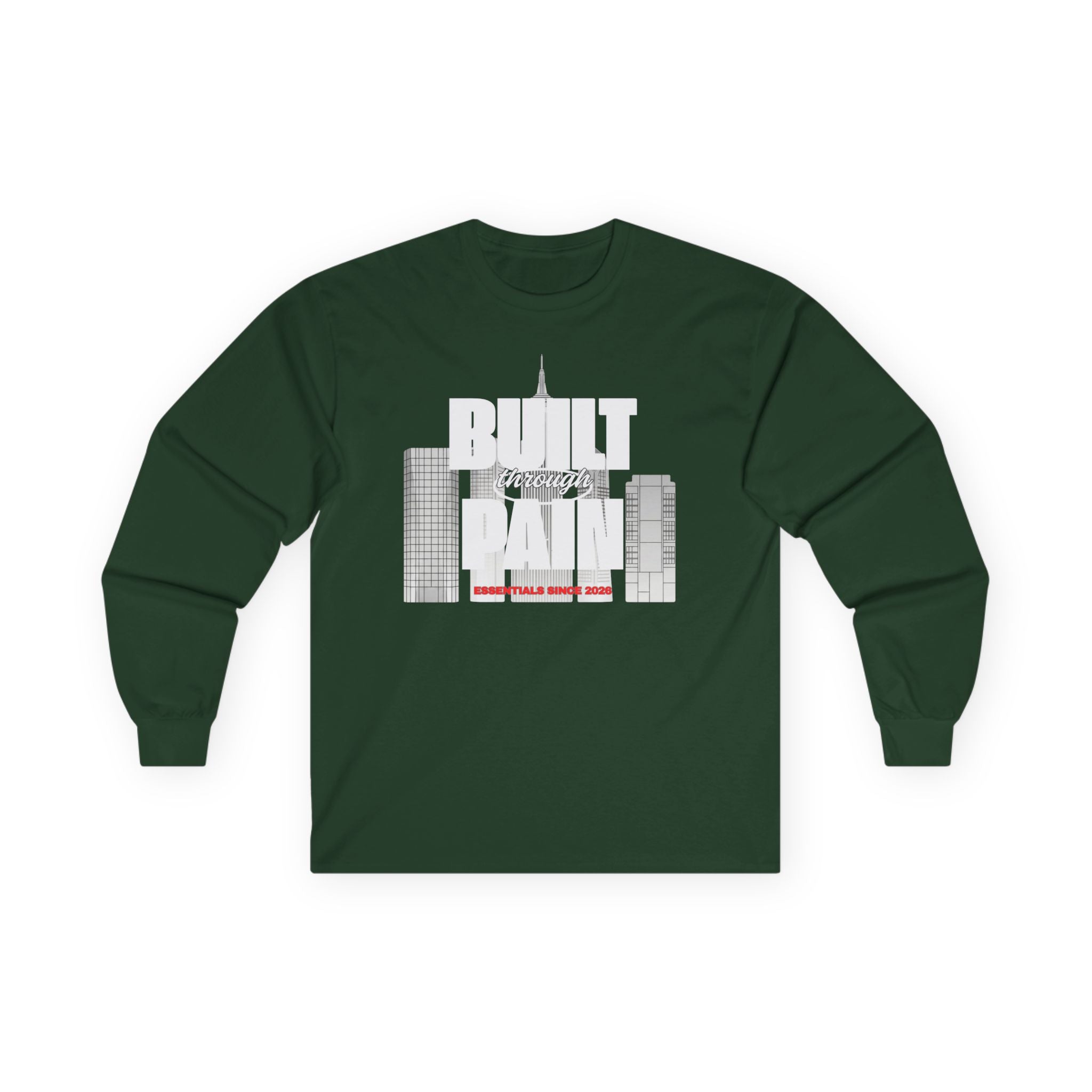 Long Sleeve Tee — Built Through Pain City Skyline Graphic