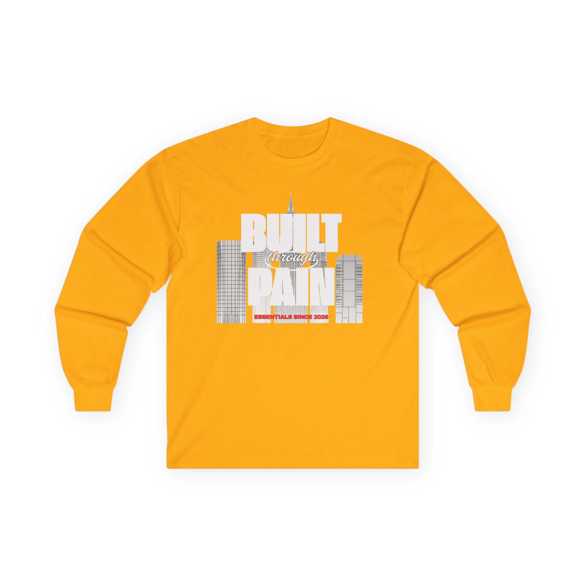 Long Sleeve Tee — Built Through Pain City Skyline Graphic