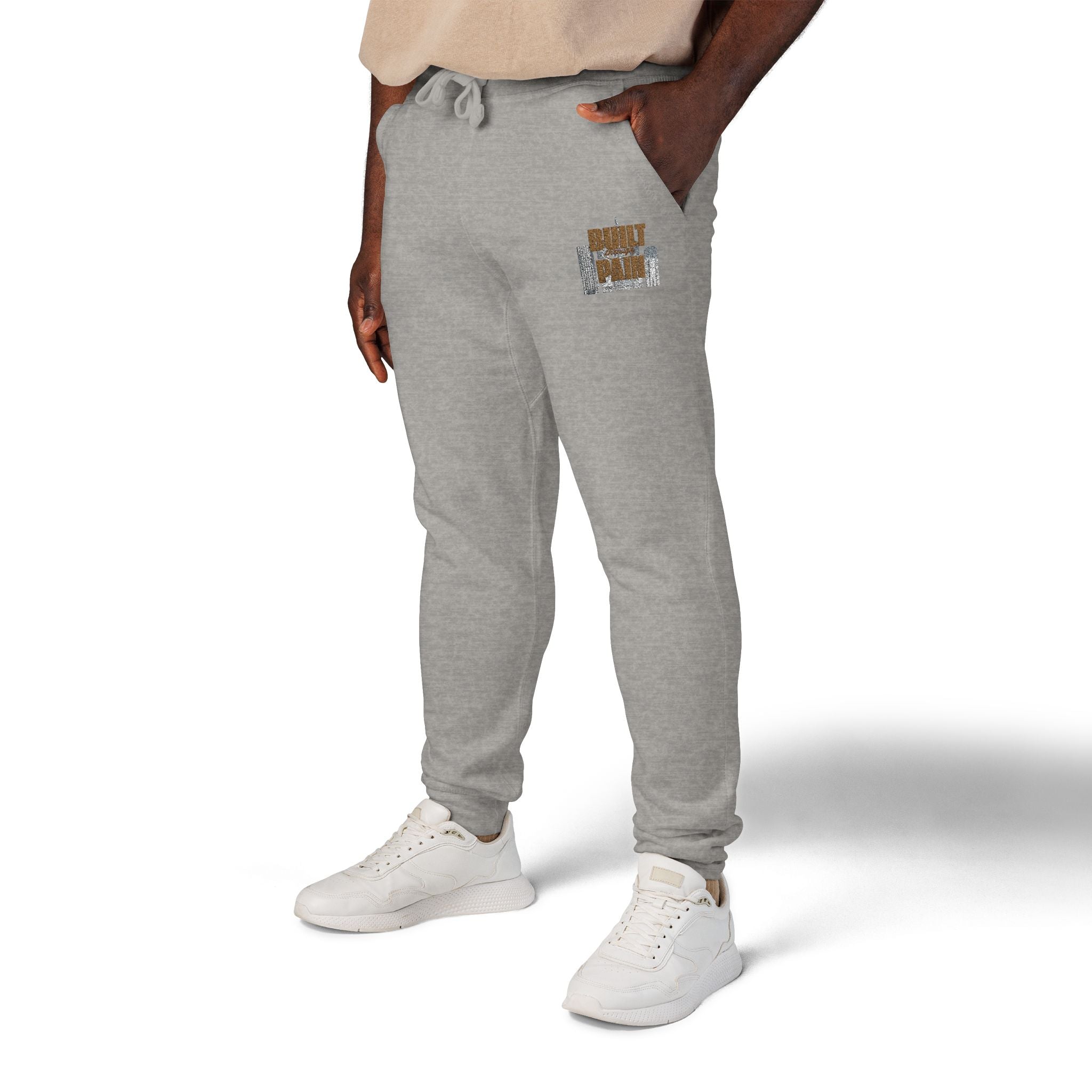 Embroidered Cozy Joggers — 'Built Through Pain' Fleece Sweatpants