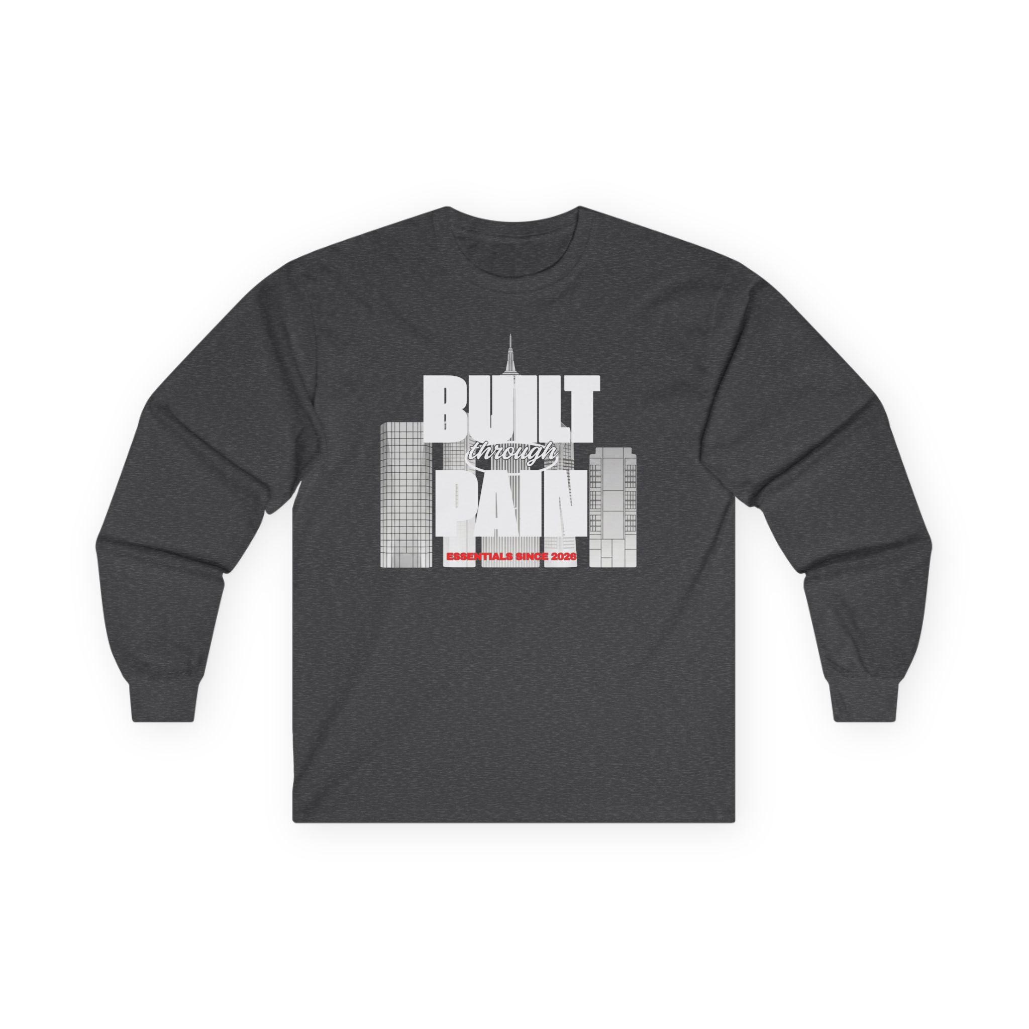 Long Sleeve Tee — Built Through Pain City Skyline Graphic