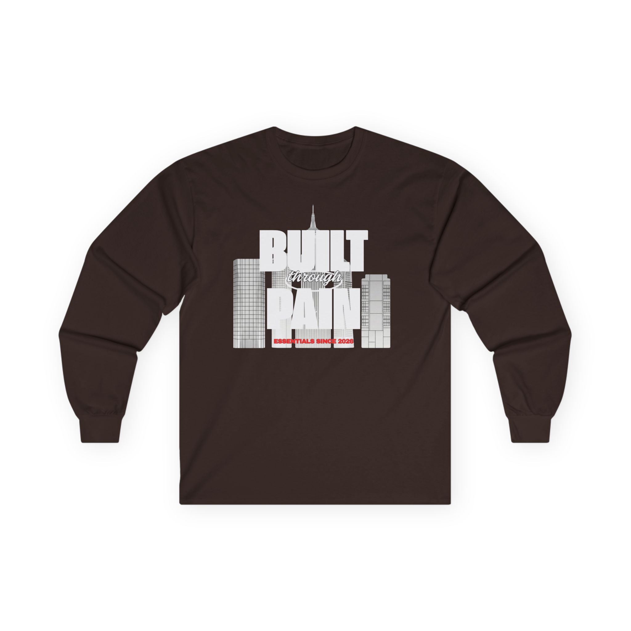 Long Sleeve Tee — Built Through Pain City Skyline Graphic